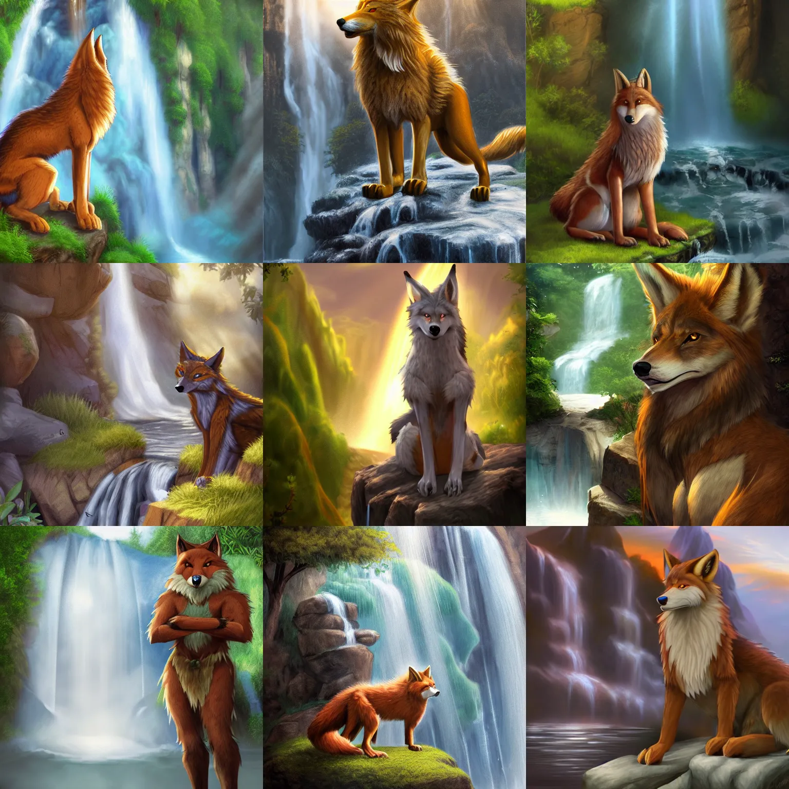 Prompt: fantasy furry art of a noble anthro werefox standing in front of a waterfall, photorealistic, FurAffinity