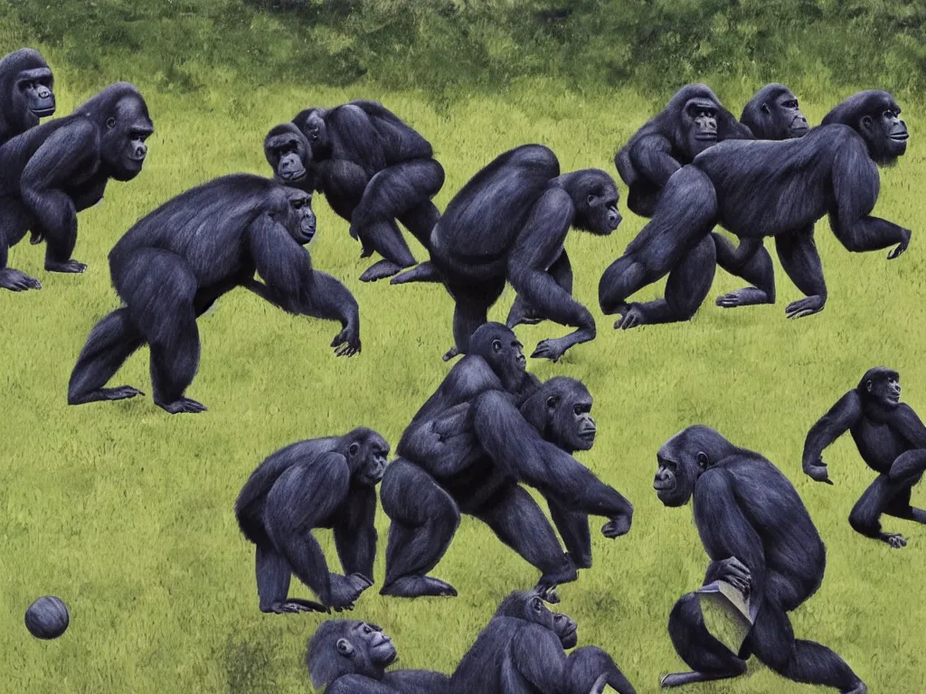 Image similar to gorillas playing a soccer game, vivid
