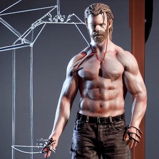 Prompt: animatronic Chris Hemsworth, exposed wires, photo, Stan Winston studios, detailed, 4k