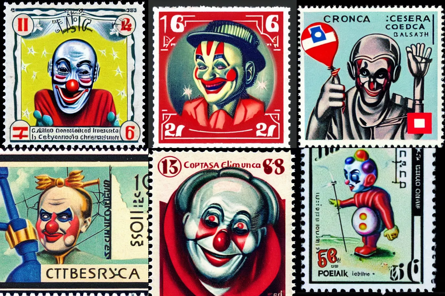 Prompt: 1951 postage stamp from Czechoslovakia featuring a cybernetic clown