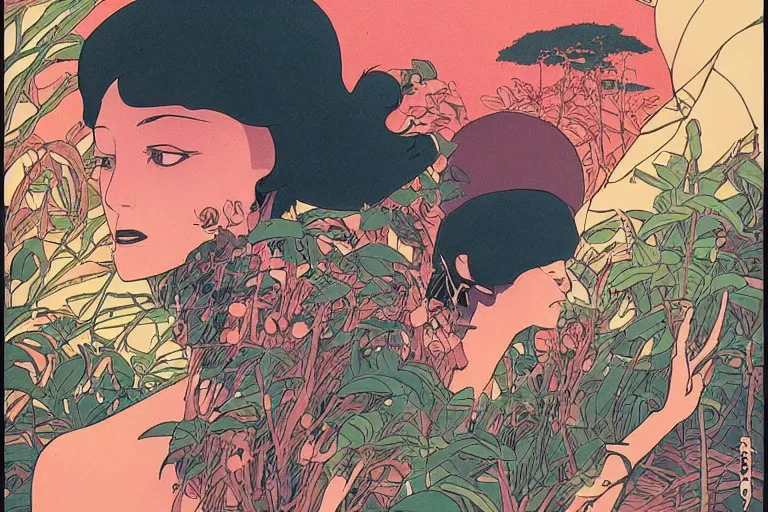 Prompt: gigantic woman head, a lot of exotic vegetation around, trees, flowers, risograph!, oldschool vintage sci - fi flat surreal design, super - detailed, fullshot, painting by moebius and satoshi kon