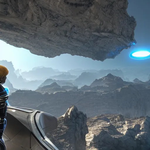 Prompt: a thousand foot cliff overlooking an alien wasteland under the the intense radiation of a singularity. tron style. realistic shaded lighting. unreal engine. bloom.