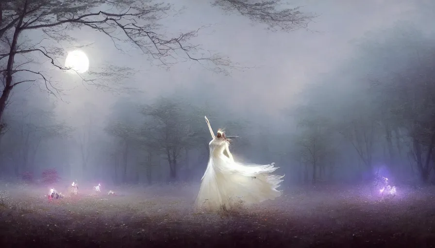 Prompt: dancers in white lit only by the moon, dancing across a flower meadow in the forbidden forest, the twilight dance of the fae by aleksi briclot, greg rutkowski and ivan aivazovsky, contemporary dance, volumetric atmospheric, artstation, artgerm, fantasy, watercolor surrealist