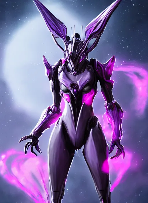 Prompt: cinematic bust shot, cosmic sized perfectly proportioned stunning beautiful hot female warframe, detailed mecha female dragon head, metal ears purple eyes, sleek silver armor, fuschia skin, floating in empty space, nebula sized, posing elegantly, epic proportions, epic size, epic scale, furry art, dragon art, giantess art, warframe fanart, furaffinity, deviantart