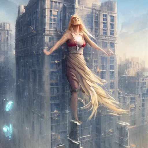 Image similar to a beautiful giant woman over a city, blonde, long hair, by greg rutkowski