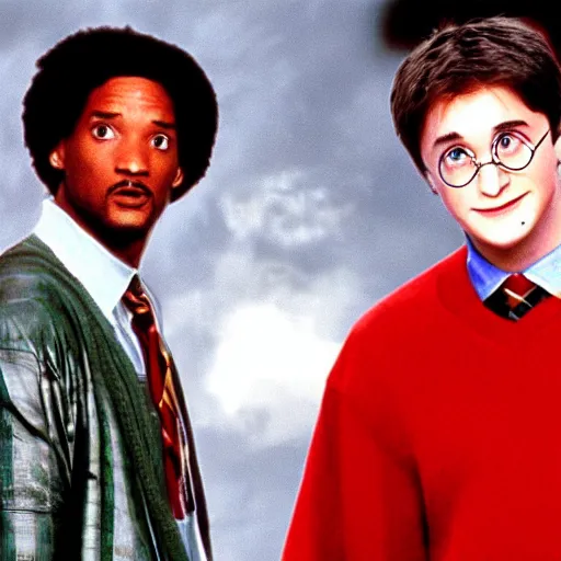 Prompt: film still of Harry Potter next to Will Smith in Fresh Prince of Bell Air