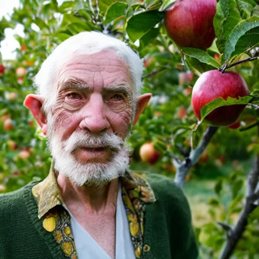 Prompt: portrait of an aged elf man, standing in an apple orchard, dressed well, very handsome