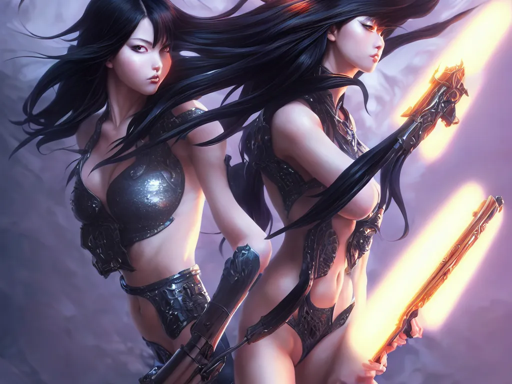 Prompt: extremely beautiful aesthetic girl with ego weapons, black long hair, occlusion shadow, specular reflection, rim light, unreal engine, octane render, artgerm, artstation, art by hiroaki samura and jiro matsumoto and yusuke murata, high quality, highly detailed 8 k, fantasy illustration, beautiful shape of body, epic scene