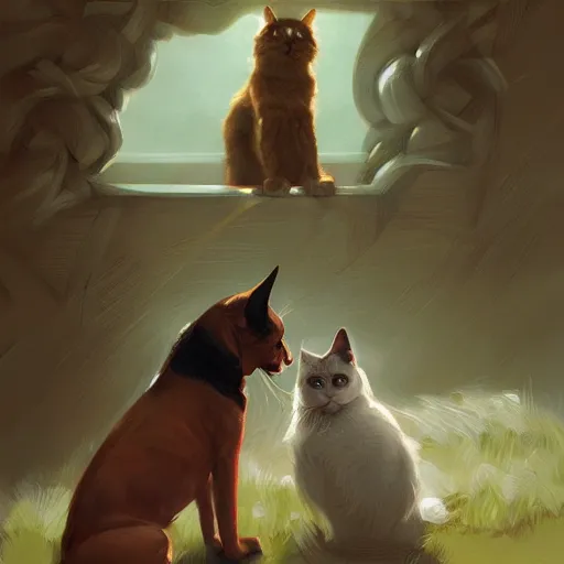 Image similar to A dog and cat stare intently towards the sky, digital art, artstation, Mandy Jurgens, CGSociety, WLOP