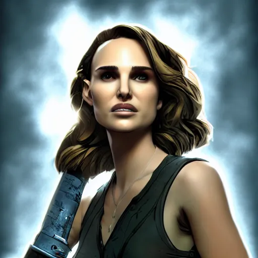 Image similar to natalie portman portrait, borderlands, tales from the borderlands, the wolf among us, comic, cinematic lighting, studio quality, 8 k