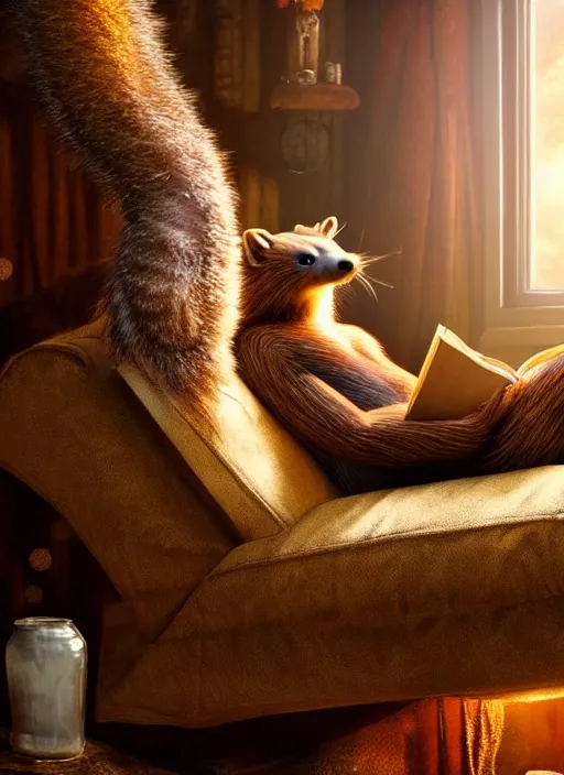 Image similar to A beautiful scene from a 2022 fantasy film featuring a humanoid pine marten wearing loose clothing reading on a couch. An anthropomorphic pine marten. Golden hour.