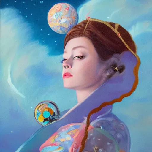 Prompt: oil painting of a princess lost in space, james jean vibes