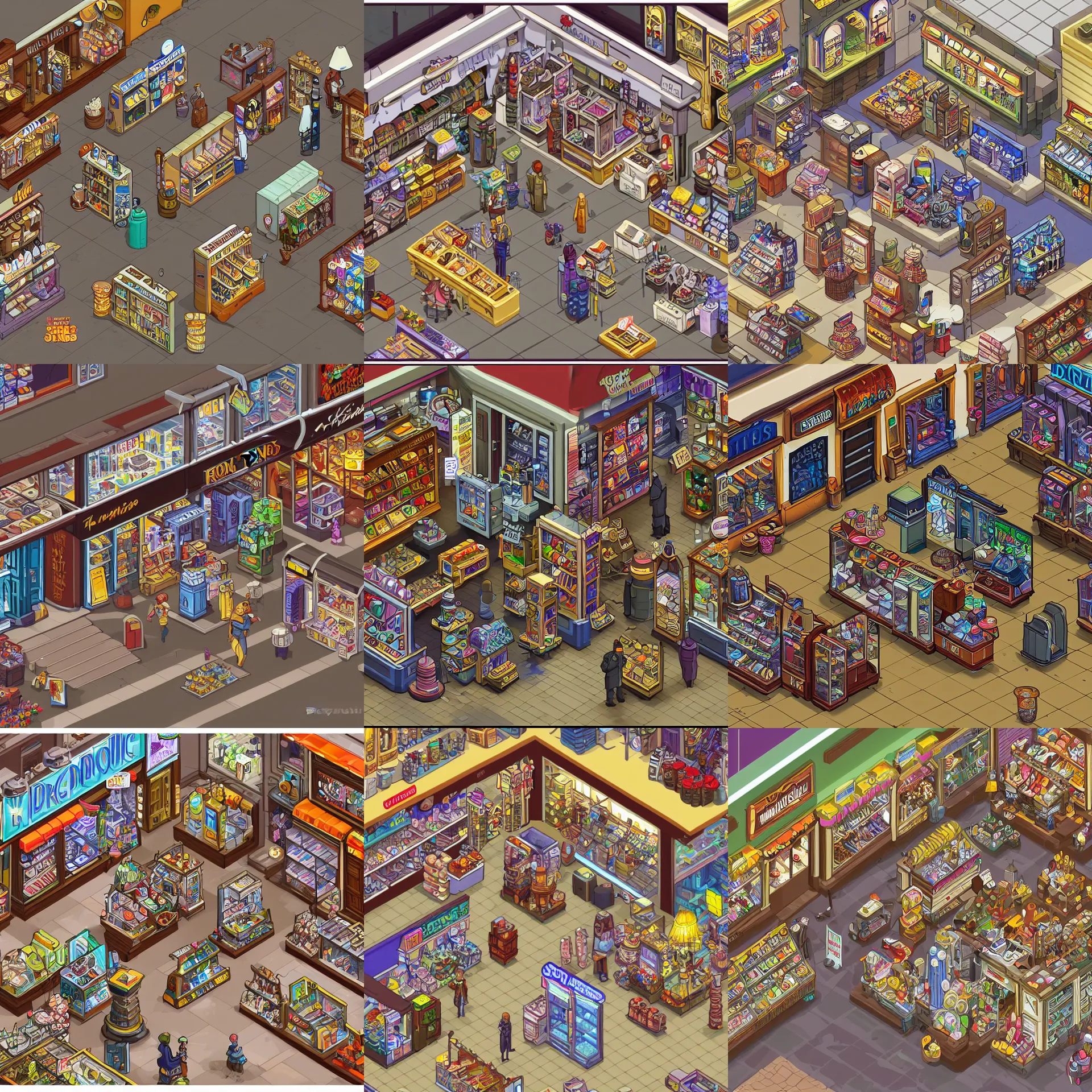 Prompt: isometric view of a store that sells droids, from a lucasarts point and click 2 d graphic adventure game, art inspired by thomas kinkade