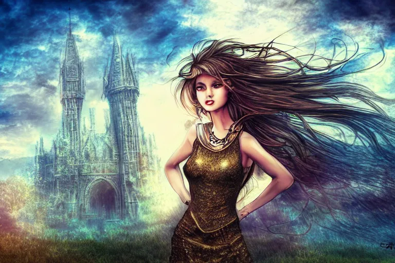 Image similar to girl, fantasy, pen style, ultra realistic!!!, hdr, clear weather, golden hour, sharp focus
