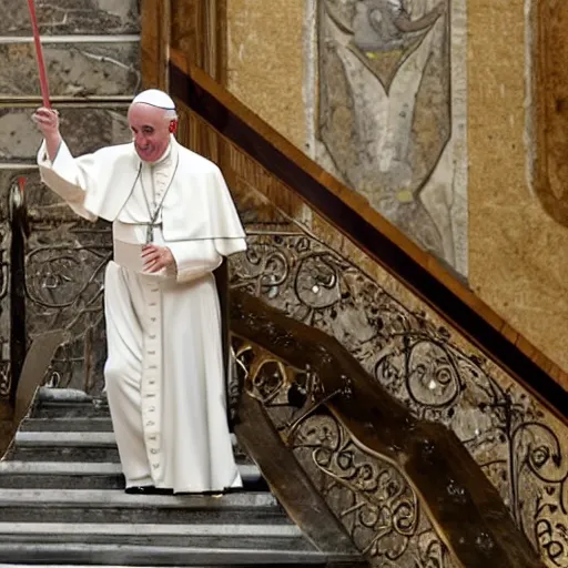 Image similar to the pope on a pogo stick going down marble staircase