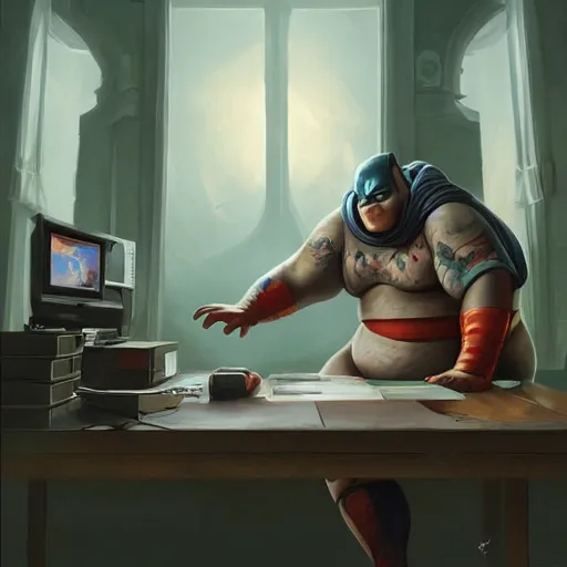 Prompt: a insanely detailed painting of a slightly overweight man wearing a homemade superhero costumed, sitting at a computer desk, nervously and clicking on the mouse, in the style of peter mohrbacher, dramatic lighting and composition, trending on artstation, concept art, comic book, graphic novel