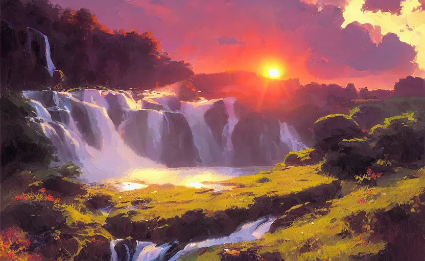 Prompt: waterfall sunset in heaven by atey ghailan and michael garmash