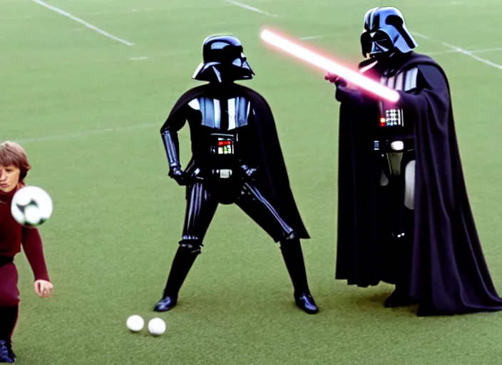 Image similar to film still of Darth Vader plays catch with a football with Luke Skywalker in the new Star Wars movie, 4k