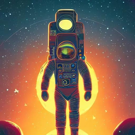 Image similar to glowing astronaut inspired by René Laloux, Dan Mumford, Greg rutkowski,stars, cinematic