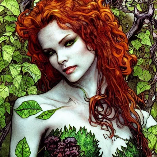 Image similar to a beautiful and detailed magic the gathering card of a seductive poison ivy as a dryad, fantasy, d & d, dark eyeliner, intricate, elegant, highly detailed, digital painting, artstation, concept art, matte, sharp focus, illustration, art by rebecca guay and by arthur rackham and by alphonse mucha and by john william waterhouse