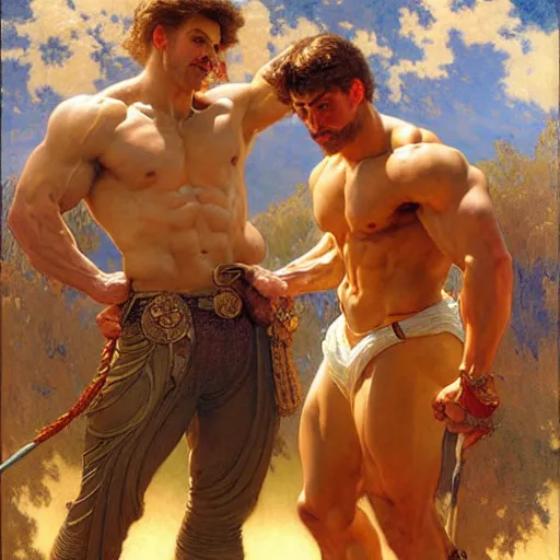 Image similar to attractive muscular bro and muscular attractive broseph, drinking their hearts out, boys night out. highly detailed painting by gaston bussiere, craig mullins, j. c. leyendecker, alphonse mucha 8 k