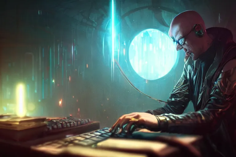 Image similar to sci fi cyberpunk fantasy art prompt magician studying casting spells with keyboard, by greg rutkowski ultrahd dark volumetric lighting hyper detailed unreal engine octane render