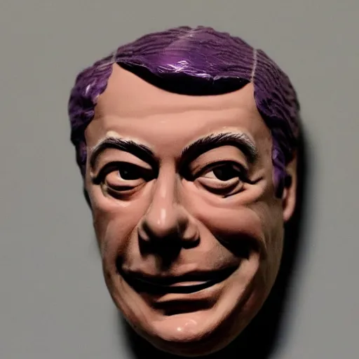 Image similar to Nigel Farage as a ventroquial figure, hinged jaw, wires, lacquered, glossy, cracked varnish