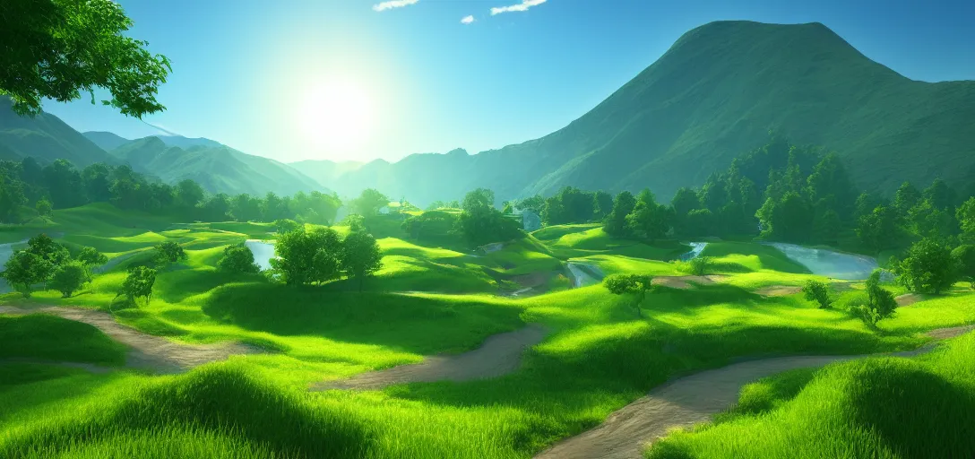 Prompt: beautiful scene, 3 d render, peaceful green valley in summer, blue skies, large winding river reflecting off the sun, hills, cinematic lighting, wide angle, vibrant, focus, artstation render, unreal engine