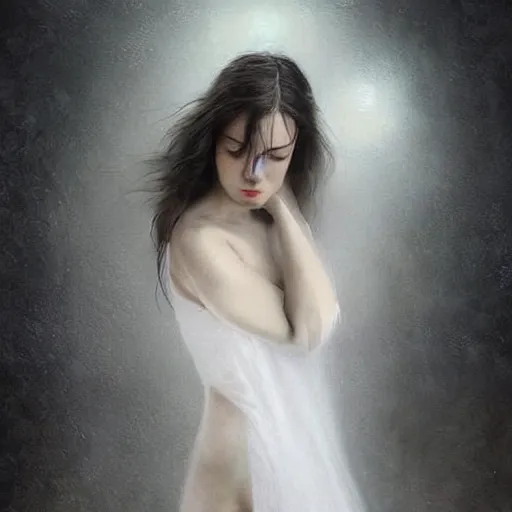Prompt: a beautiful woman, petite and fae, wearing a sheer white dress, there is mist, the dress is soaking wet, it clings to her body. masterpiece digital painting. hyper realism, dark, gothic, stanley lau, dali