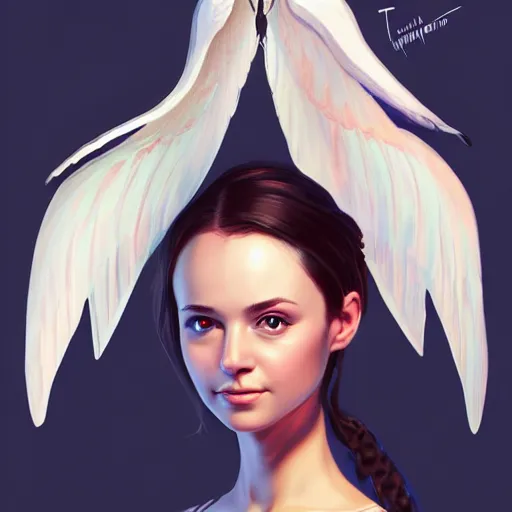 Image similar to 3 / 4 view of a portrait of a cute woman with wings with wings, confident pose, digital art,, concept art, smooth, sharp focus, illustration, trending on artstation, highly detailed, concept art, trevor carlton, mickey demeo, trending on artstation, imax 7 0 mm, h 6 4 0