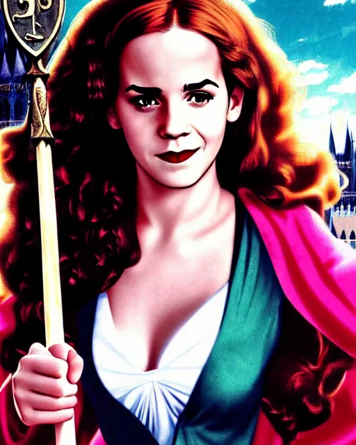 Image similar to pinup photo of hermione granger by emma watson in the crowded square of hogwarts, asuna by a - 1 pictures, by gil elvgren, enoch bolles, glossy skin, pearlescent, film still, very realistic, dslr