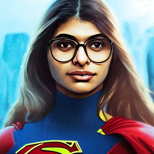 Prompt: a close up face of young Mia Khalifa as Supergirl by Greg Rutkowski, Sung Choi, Mitchell Mohrhauser, Maciej Kuciara, Johnson Ting, Maxim Verehin, Peter Konig, Zack Snyder, 8k photorealistic, cinematic lighting, HD, high details, dramatic, trending on artstation,