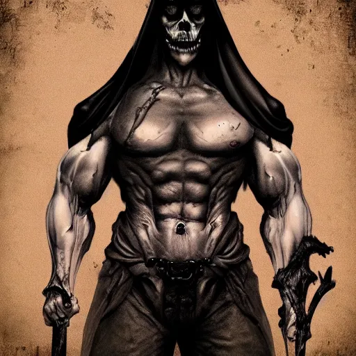 Image similar to Grim Reaper, creepy, muscled, horror, gay, pride, artstation