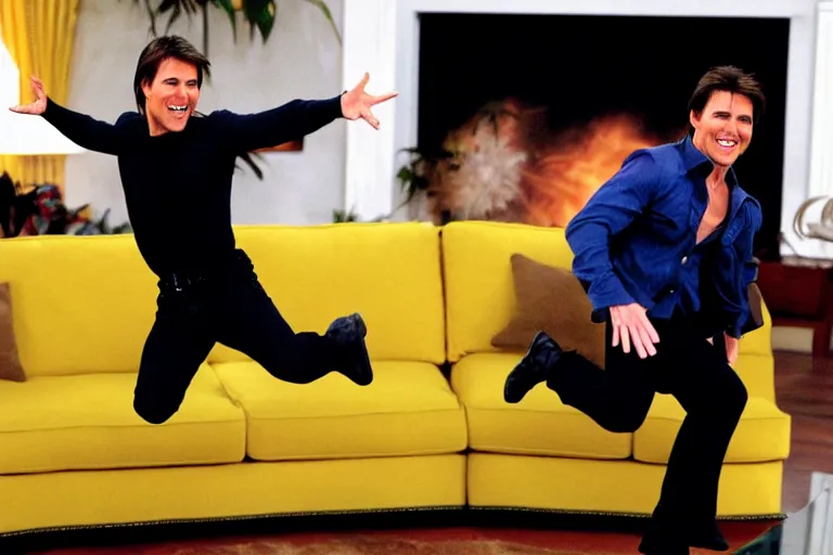 Image similar to tom cruise jumping!!! on oprah yellow couch