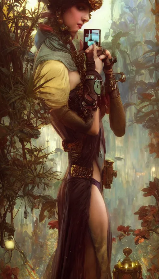 Image similar to hyper realistic photographer taking a picture, magical, gems, jewels, gold, steampunk, cyberpunk, painted by tom bagshaw, mucha, gaston bussiere, craig mullins, j. c. leyendecker 8 k