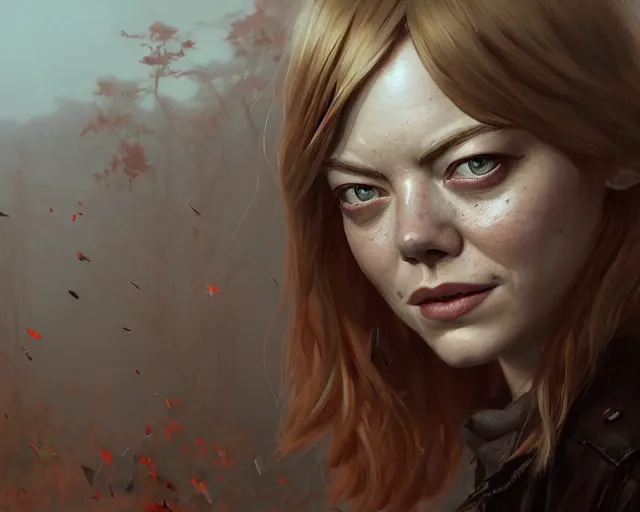 Image similar to highly detailed portrait of emma stone, in the walking dead, stephen bliss, unreal engine, fantasy art by greg rutkowski, loish, rhads, ferdinand knab, makoto shinkai and lois van baarle, ilya kuvshinov, rossdraws, tom bagshaw, global illumination, radiant light, detailed and intricate environment