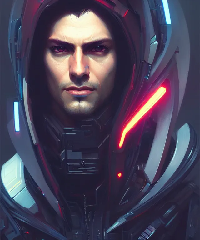 Image similar to Hacker cyberpunk man portrait, highly detailed, digital painting, artstation, concept art, smooth, sharp focus, illustration, art by artgerm and greg rutkowski and alphonse mucha