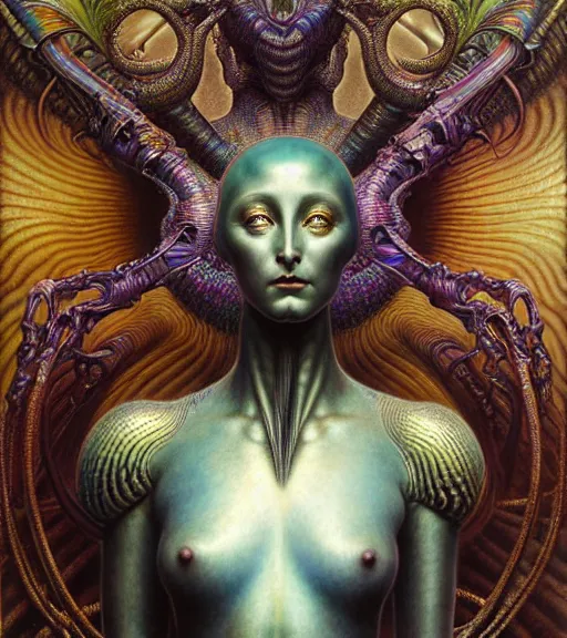 Prompt: detailed realistic iridescent beautiful young cher alien robot as queen of mandelbulb portrait by jean delville, gustave dore and marco mazzoni, art nouveau, symbolist, visionary, baroque. horizontal symmetry by zdzisław beksinski, iris van herpen, raymond swanland and alphonse mucha. highly detailed, hyper - real, beautiful