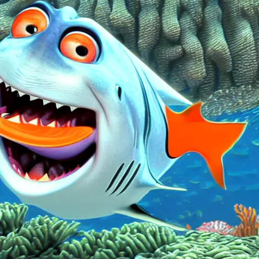 Image similar to finding nemo but nemo eats a shark hyperrealism