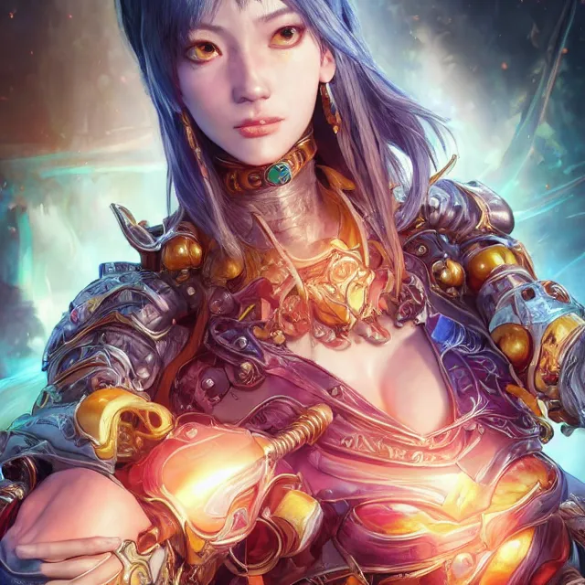 Image similar to studio portrait of lawful good colorful female holy mech paladin as absurdly beautiful, sophisticated, young gravure idol, ultrafine hyperrealistic detailed face illustration by kim jung gi, irakli nadar, intricate linework, sharp focus, bright colors, matte, octopath traveler, final fantasy, unreal engine highly rendered, global illumination, radiant light, intricate environment