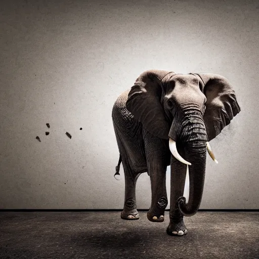 Image similar to an elephant falling apart and crumbling to dust to the air, photorealistic