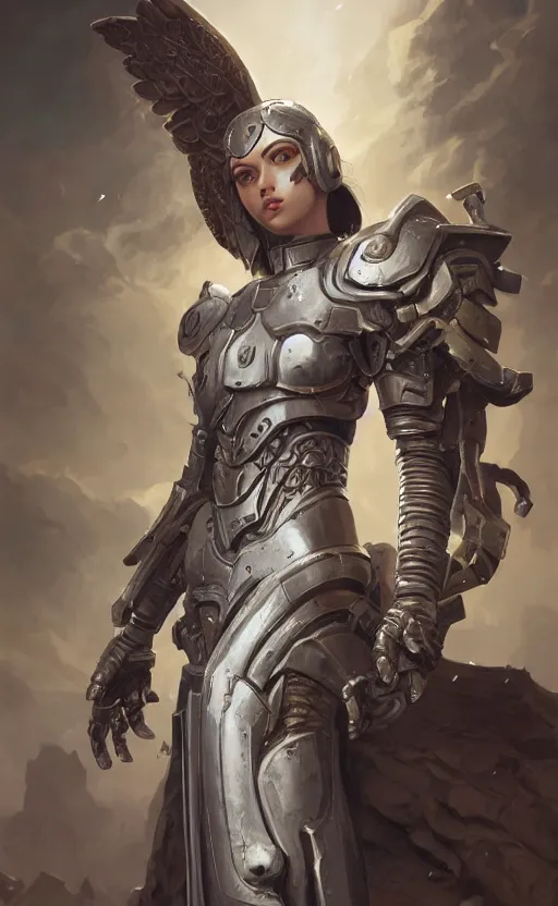 Image similar to battle angel, full armor, full body portrait, gentle, female, ruins landscape, d & d, fantasy, intricate, elegant, highly detailed, digital painting, white gold color palette, artstation, octane render, concept art, matte, sharp focus, illustration, hearthstone, art by artgerm and greg rutkowski and alphonse mucha