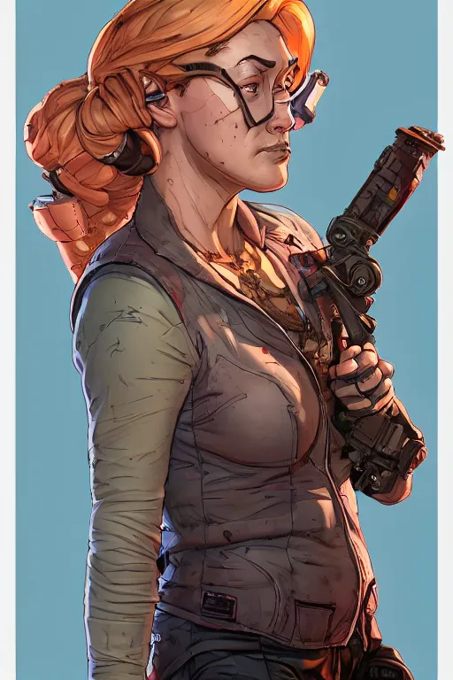 Image similar to a study of cell shaded portrait of Kate Winslet mechanic as Borderlands 3 concept art, llustration, post grunge, concept art by josan gonzales and wlop, by james jean, Victo ngai, David Rubín, Mike Mignola, Laurie Greasley, highly detailed, sharp focus, alien, Trending on Artstation, HQ, deviantart, art by artgem