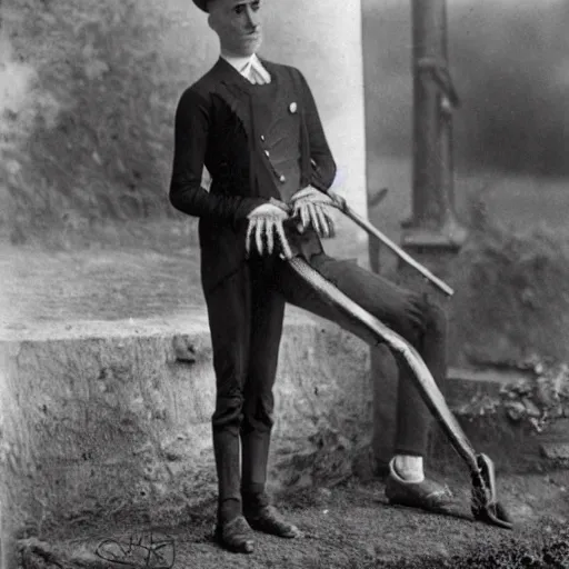 Prompt: british skeleton with elegant suit, staff, mansion in background, 1 9 0 5, old photography, realistic n - 9