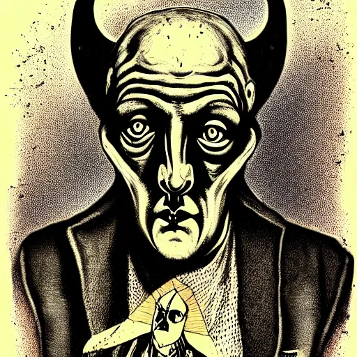 Image similar to graphic illustration, creative design, aleister crowley with baphomet, biopunk, francis bacon, highly detailed, hunter s thompson, concept art, mixed media