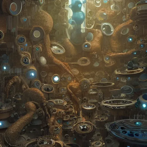 Prompt: the first cells bathing in the milk of gaia, procreation, overpopulation sci - fi steampunk, by james jean and moebius, highly detailed, 4 k, vray, 3 d, render.