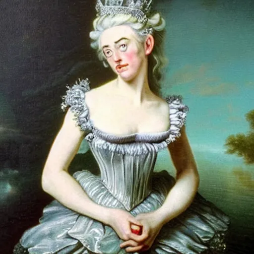 Prompt: A 18th century, messy, silver haired, (((mad))) elf queen (look like ((young Kate Winslet))), dressed in a frilly ((ragged)), wedding dress, is ((drinking a cup of tea)). Everything is underwater! and floating. Greenish blue tones, theatrical, (((underwater lights))), high contrasts, fantasy concept art, inspired by John Everett Millais's Ophelia