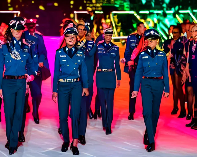 Prompt: SS officers in disco themed uniforms walking on the catwalk of a Hugo Boss fashion show, promotional pictures, 8k, coloured