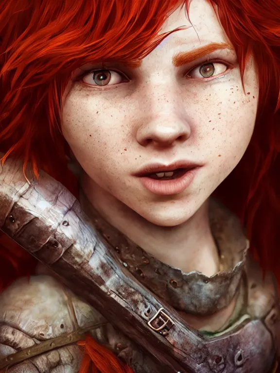 Image similar to portrait art of red - haired halfling bard 2 1 year old!! freckles!!, 8 k ultra realistic, atmosphere, glow, detailed, intricate, full of colour, cinematic lighting, trending on artstation, 4 k, hyperrealistic, focused, extreme details, unreal engine 5, cinematic, masterpiece