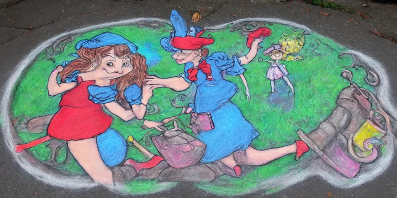 Prompt: a sidewalk chalk painting of alice in wonderland